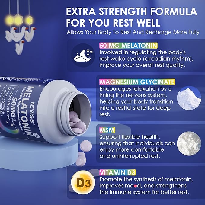 NEVISS Melatonin 50 mg for Adults - Extra Strength 9-in-1 Fast Dissolve Sublingual - High Dose with Magnesium Glycinate, Vitamin D3, Ashwagandha, Lemon Balm, Chamomile, Sugar Free, Vegan 180 Tablets