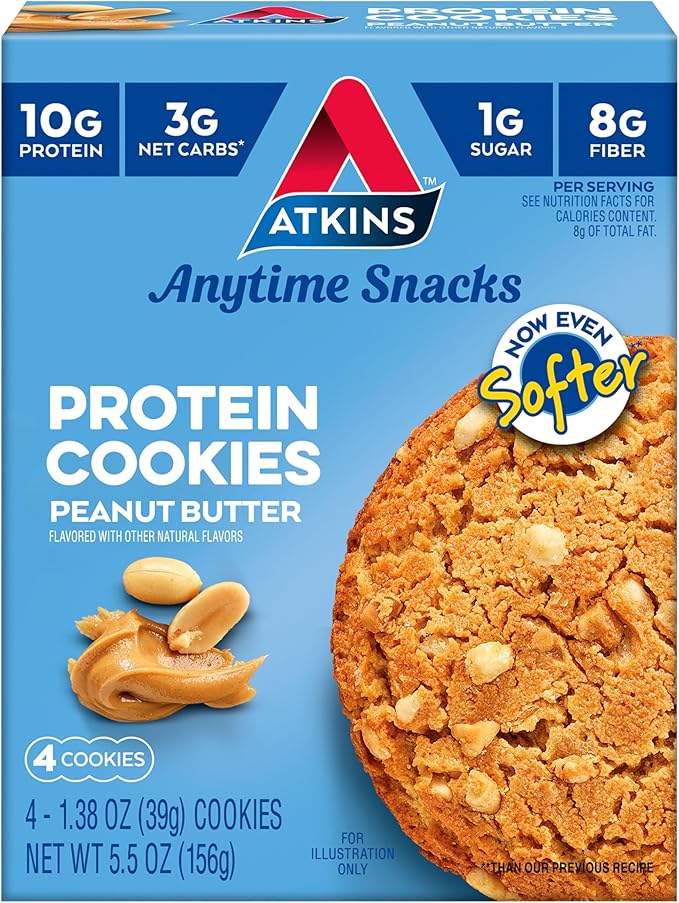 Atkins Peanut Butter High Protein Cookie, Keto Snacks, 3g Net Carb, 1g Sugar, Low Sugar Snacks, Low Carb Treats, 4 Count