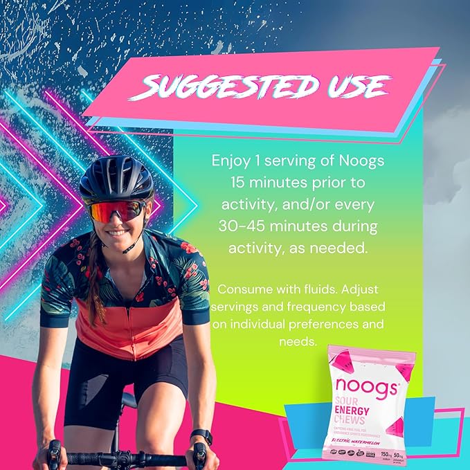 Noogs Sour Energy Chews, Electric Watermelon Electrolyte Energy Gummies, Sour Candy Flavored Alternative to Running Gels, Vegan, Gluten Free & Caffeine Free, 12 Pack