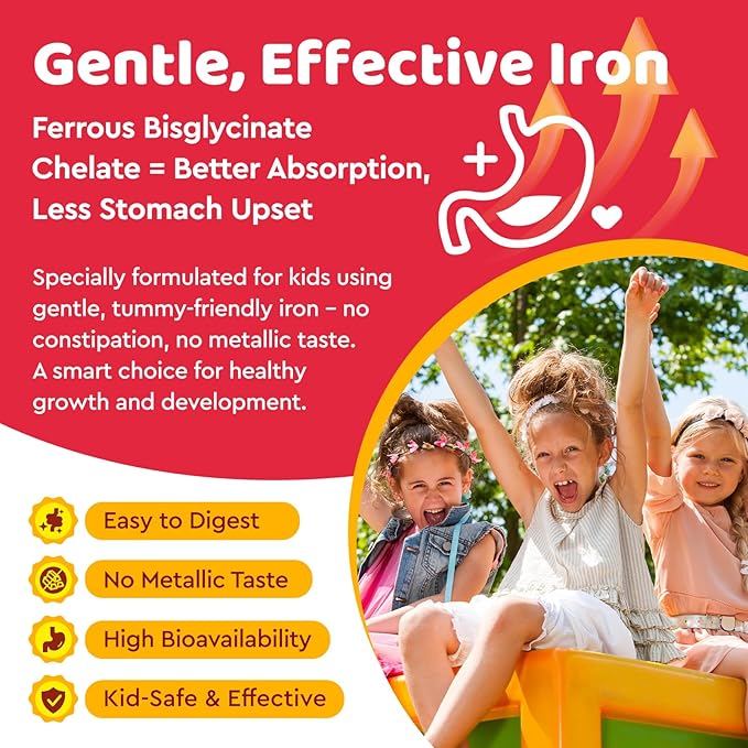 Iron Supplement Gummies for Kids, Kids Multivitamin with Iron Gummies - Zinc, Vitamin B Complex, A, C, D3, B12, Folate for Blood Builder & Energy Support, Iron Deficiency, Vegan Strawberry 120ct