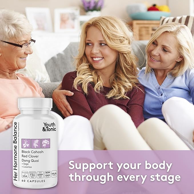 Youth & Tonic Her Hormone Balance – Menopause Supplement for Women, Perimenopause Support, Non-Hormonal Herbal Formula with Black Cohosh for Hot Flashes & Night Sweats, 60 Capsules