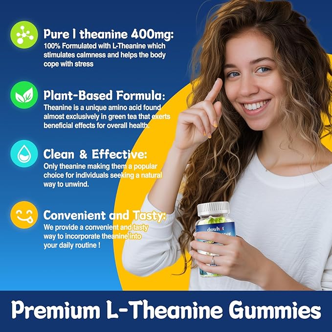 duwhot L Theanine Gummies, 200/400mg L-Theanine Supplement for Adults & Kids, Natural Stress Relief, Relaxation, Zzz & Focus Support Gummy,Organc,Vegan, Low Sugar,Non-Drowsy,Lemon Flavor,120 Chewables