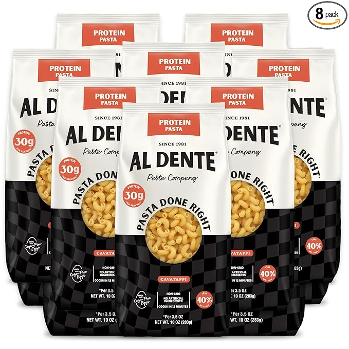 Al Dente Protein Pasta Cavatappi – 30g High Protein, Lower Carb, High Fiber. Artisanal Flavor: Cage-Free Eggs & Semolina. Keto and Point-Based Diet-Friendly. 10oz Bags (Pack of 8)