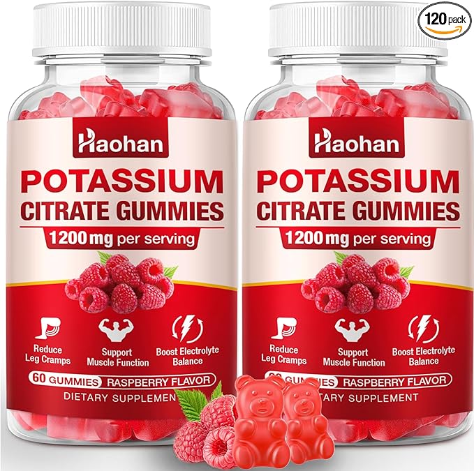 Potassium Citrate 1200mg Gummies - Chewable Supplement to Support Muscle Health & Relieve Leg Cramps for Men & Women. Vegan, Gluten-Free, Sugar-Free, Raspberry Flavor, 120 Count