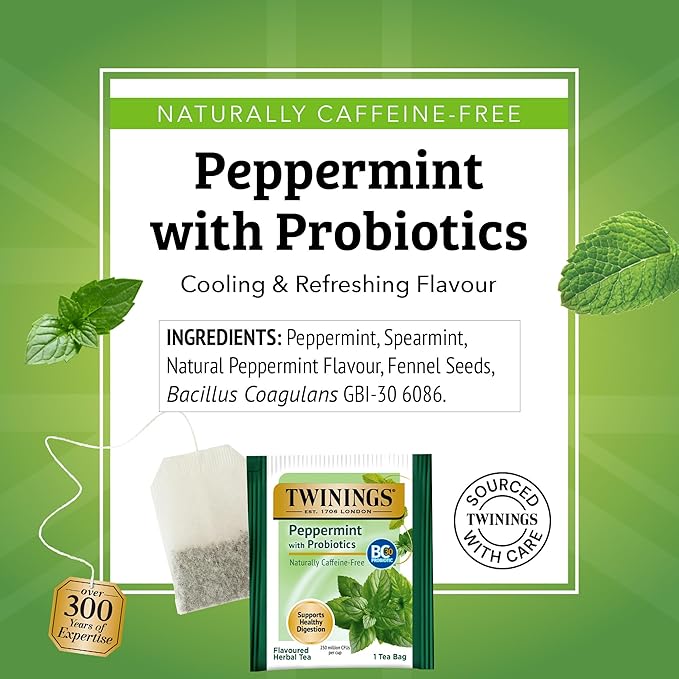 Twinings Peppermint with Probiotics Herbal Tea, 18 Count (Pack of 6), Supports Healthy Digestion, Naturally Caffeine-Free, Enjoy Hot or Iced, 96 Teabags