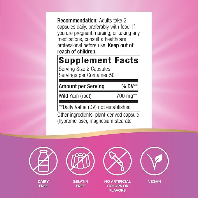 Nature's Way Wild Yam Root Capsules, Women's Traditional Health Support*, 700 mg per 2-Capsule Serving, Non-GMO Project Verified, 100 Vegan Capsules (Packaging May Vary)