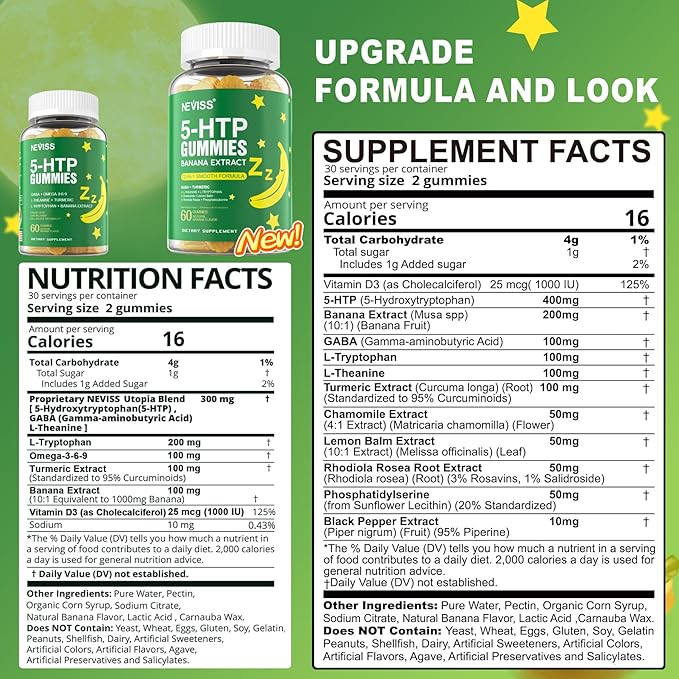 5-HTP 400MG Gummies + GABA - Melatonin Free - Relaxation Gummies with Banana Extract, L-Theanine, Turmeric, L-Tryptophan, D3 for Healthy Rest Cycle, Circadian Rhythm, Brain & Muscle Relax, Pack of 2