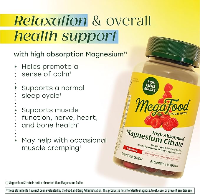 MegaFood Magnesium Citrate Gummies, High Absorption Magnesium Supplement for Adults, Teens & Kids, Supports Nerve Health, Normal Sleep Cycle & Occasional Muscle Cramps, 60 Vegan Gummies, 60 Servings