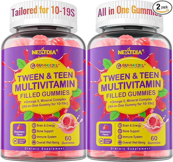 Multivitamin Filled Gummies for Teen Boys Girls 12-17, 18, 19, Kids 10+ Multivitamin with Omega 3, Calcium + Magnesium + Zinc, Multi-Minerals for Adolescent 10-19S Brain, Bone, Energy, Immune, 2Pack