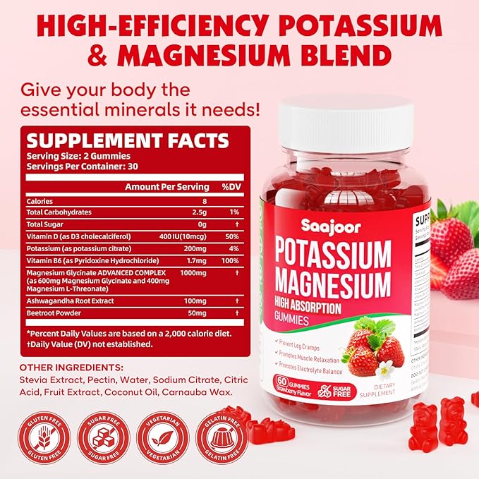Potassium Magnesium Gummies,High Absorption Magnesium Glycinate,D3 & B6,Potassium Citrate - for Muscle Support, Leg Cramps & Electrolyte Balance - Vegan, Non-GMO, Strawberry Flavor, 60 Count