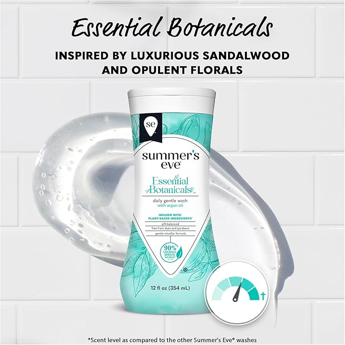 Summer's Eve Essential Botanicals All-Over Daily Feminine Wash with Argan Oil, Gentle pH-Balanced Body Wash for Women, Removes Vaginal Odor and Refreshes, 12 Fl Oz