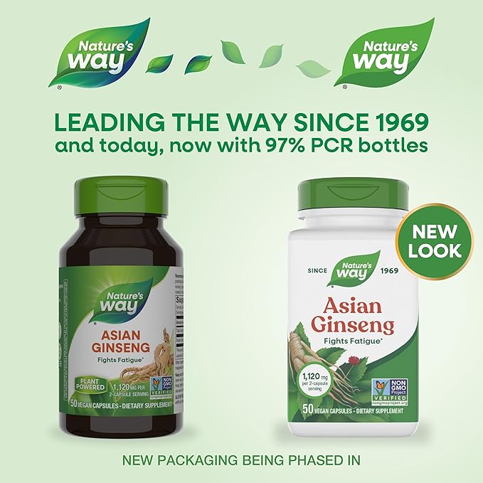 Nature's Way Asian Ginseng, Fights Fatigue*, 1,120mg Per 2-capsule Serving, Non-GMO Project Verified, Vegan, 50 Capsules (Packaging May Vary)
