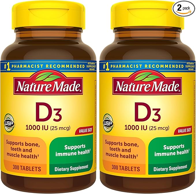 Nature Made Vitamin D3 1000 IU (25 mcg), Vitamin D Supplement for Bone, Teeth, Muscle and Immune Health Support, 300 Tablets, 300 Day Supply, (Pack of 2)