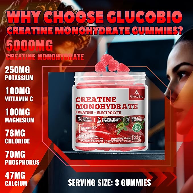 Creatine Monohydrate Gummies (5g) – Pre-Workout Energy & Muscle Growth Support for Men & Women | Strawberry Electrolyte Gummies (135 Count)