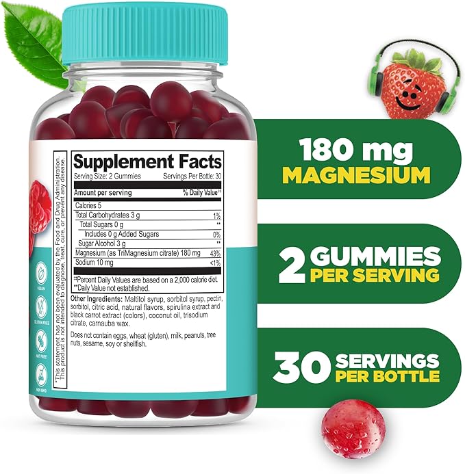 Lifeable Magnesium Citrate Gummies Sugar Free for Kids | Great Tasting Vegan Non-GMO Magnesium Citrate Supplement Gummies | Kids Magnesium Gummies for Muscle and Nerve Function | 60 Count