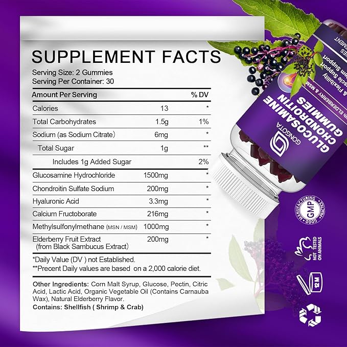 Glucosamine Chondroitin Gummies - 3- Pack, Extra Strength 1500mg Glucosamine with MSM & Elderberry, Flexibility Support, Best Cartilage & Immune Support Supplement for Men and Wome - 180 Gummies