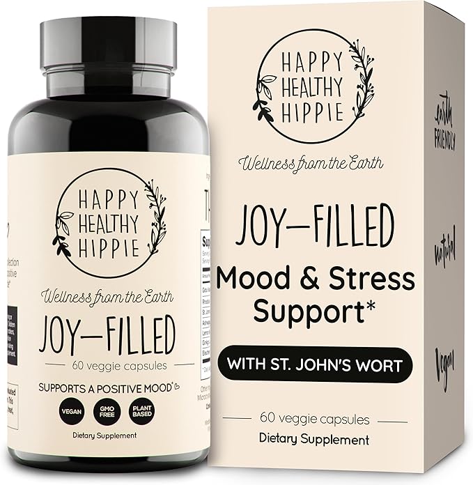 Joy-Filled Mood Support Supplement - 7 Herb Complex + St. Johns Wort | Stress Relief – Helps Calm The Mind & Body | 100% Plant-Based Happy Pills, Ashwagandha, Rhodiola Rosea | Adaptogens, 60 Ct
