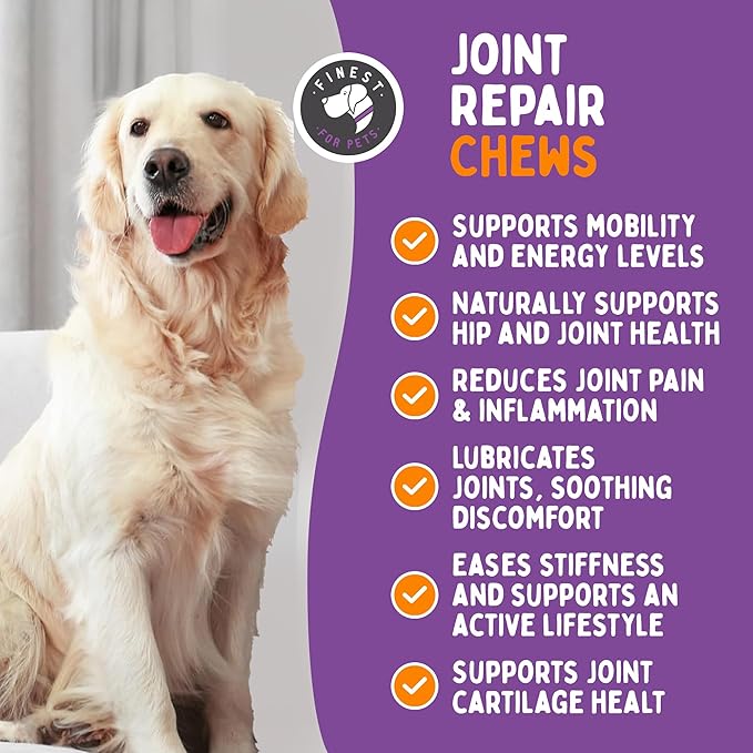 Joint Repair Dog Hip and Joint Supplement with Glucosamine, Chondroitin, Omega 3, MSM & Turmeric. Supports Hip & Joint Health, Mobility & Cartilage Development. 120 Chicken Flavor Chews, Made in USA