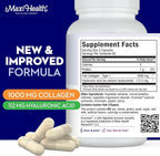Maxi Health Marine Collagen Pills – 1000 mg Type 1 Collagen for Women & Men with Hyaluronic Acid Supplement for Joint & Skin Support – Unflavored, Clean Kosher Capsules (180 Maxicaps)
