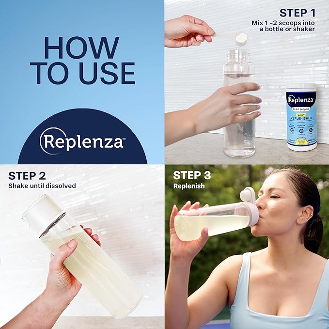 Replenza Daily Replenisher GLP-1 Nutritional Support, Powder, Muscle Recovery, Digestive Health & Skin Elasticity Mix of Amino Acids, Prebiotics and Collagen Peptides – Lemon Flavored, 3 Pack