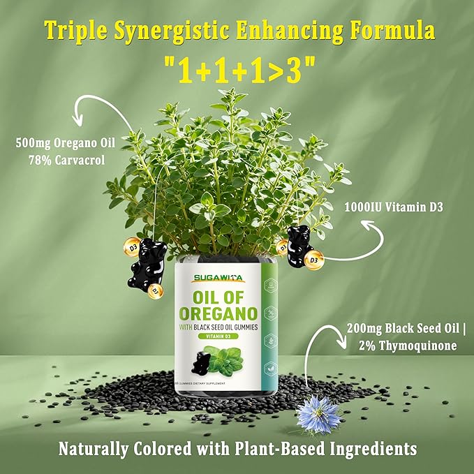 Oil of Oregano with Black Seed Oil + Vitamin D3 | 3 in 1 Oregano Oil 500mg Gummies for Immune Health | Retains High Concentrated Carvacrol & Thymoquinone | Non-GMO, Vegan | 60 Chews