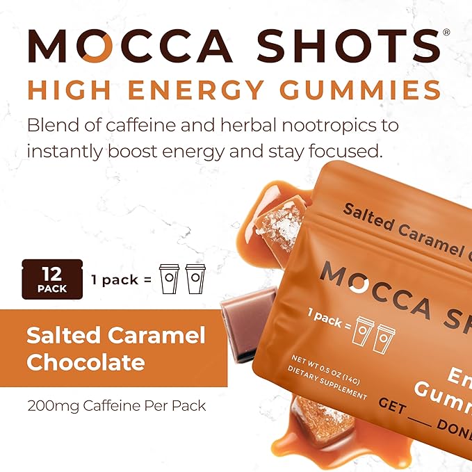 SGC Highest Concentration 100 mg Caffeine per Gummy, 2 Gummies per Pack, 6-Pack Mocca Shots Salted Caramel Plant-Based Instant Energy with Herbal nootropics