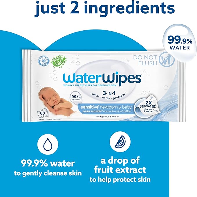 WaterWipes Sensitive+ Newborn & Baby Wipes,3-In-1 Cleans,Cares,Protects,99.9% Water,Unscented & Hypoallergenic,1440 Total,60 Count (Pack of 24)