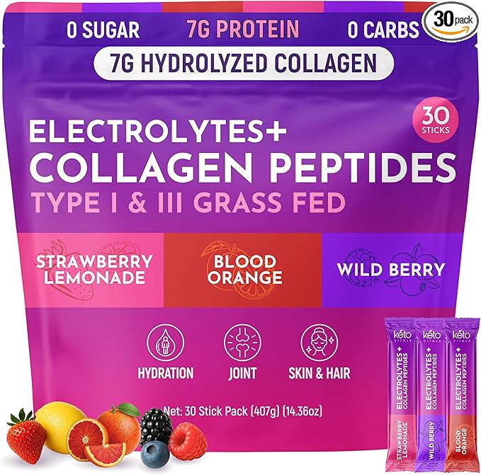 Keto Vitals Collagen Powder for Women Plus Electrolytes - 30 Travel Packets - 7.78G of Type I & III Grass Fed Hydrolyzed Collagen Peptides Protein Per Stick - Colageno Hidrolizado for Women