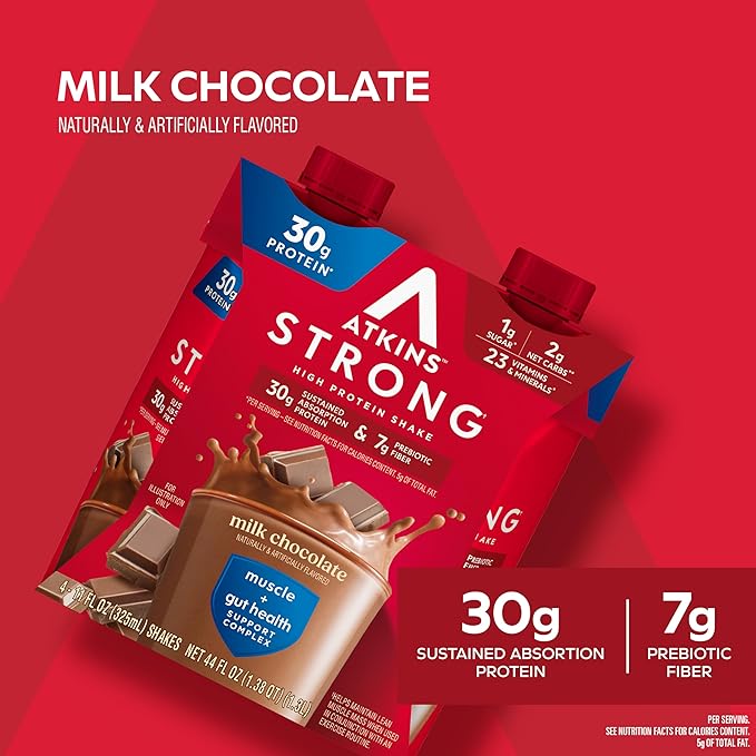 Atkins Strong High Protein Shake, Milk Chocolate, 30g Protein, 7g Prebiotic Fiber, 1g Sugar, GLP-1 Support, Muscle & Gut Health Support Complex, 12 Count