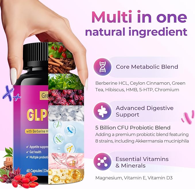 Grevol GLP-1 Support Supplement for Women : Berberine Supplement with Ceylon Cinnamon & Akkermansia for Weight Management - Appetite Suppressant & Metabolism Support – 60 Capsules