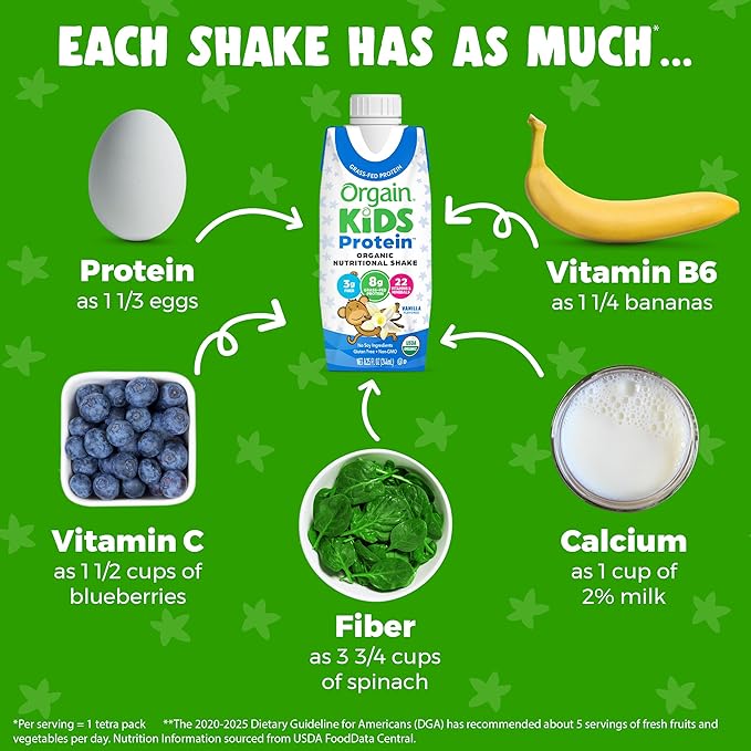 Orgain Organic Kids Nutritional Protein Shake, Vanilla, Healthy Kids Snacks, 8g Dairy Protein, 3g Fiber, 22 Vitamins & Minerals, No Soy ingredients, Gluten Free, Non-GMO, 8.25 Fl Oz (Pack of 24)