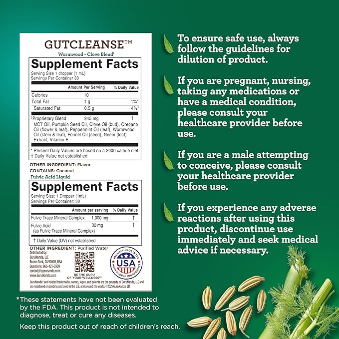 GuruNanda Gutcleanse 2-Step Kit - Dietary Supplement to Help with Digestion - Blend of Fulvic Acid, Wormwood, Clove & Neem Extract, 2x1 FlOz