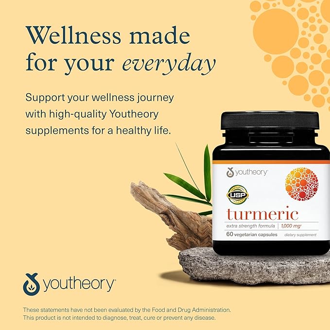 Youtheory Turmeric Extra Strength - 1,000 mg Turmeric Supplement - with 10 mg Black Pepper - Curcumin Joint Support* - Soy, Dairy & Gluten Free -120 Vegetarian Capsules