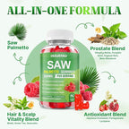 Saw Palmetto Gummies 600mg Saw Palmetto Supplement with Pumpkin Seed Oil, Biotin, Prostate Health Supplements for Men, Advanced DHT Blocker, Hair & Urinary Health Support, Raspberry Flavor, 120 Counts