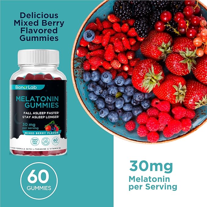 BionerLab Melatonin Gummies (30mg) Enhanced with L-theanine & Vitamin B6 for Adult Women Men - Extra Strength Chewables Calm Gummy - Gluten Free