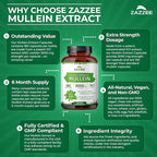 Zazzee Extra Strength Mullein Leaf 10:1 Extract, 180 Vegan Capsules, 6 Month Supply, Verbascum Thapsus, Respiratory & Lung Support, Certified Kosher, 100% Pure Leaf Powder, Non-GMO, Made in the USA