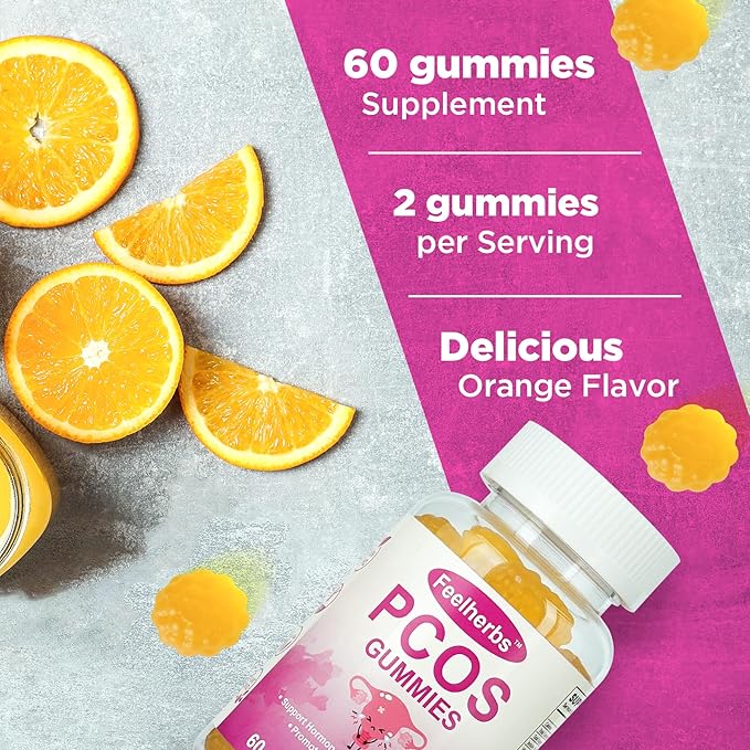 PCOS Gummies for Women Menstrual Cycle & Hormonal Balance, 60 Count Ovarian Support Gummies with Myo-Inositol, Folate and Vitamins, Orange Flavor PCOS Vitamins Gummies Helps Fertility and Ovulation