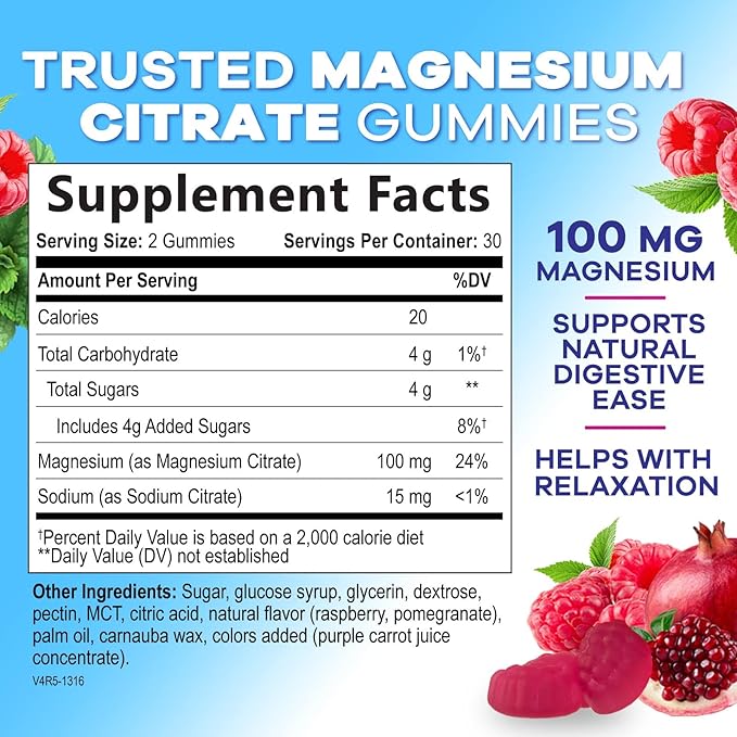 Magnesium Citrate Gummies for Adults & Kids - High Absorption Magnesium Supplements - Premium Calm, Relaxation, Muscle, Nerve, Bone & Heart Support - Great-Tasting Vegan Gummy Supplement - 60 Gummies
