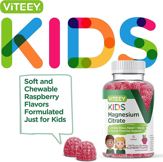 Viteey Kids Magnesium Citrate Gummies - Supports Sleep Aid, Calm Gummies, Muscle Relaxer, Optimal Relaxation - Vegetarian, Gelatin Free, Gluten Free, GMO Free - Tasty Chewable Raspberry Flavored Gummy