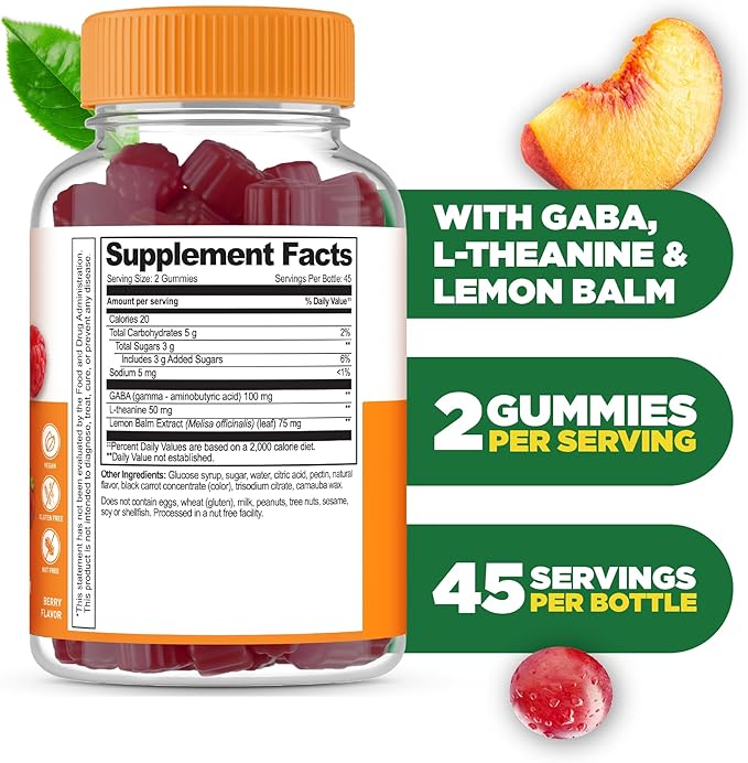 Lifeable Stress Aid Gummies | with Lemon Balm, GABA and L Theanine Supplements | Vegan Non GMO Mood Support Supplement | Great Tasing Stress Vitamins | L-Theanine for Women and Men | 90 Gummies