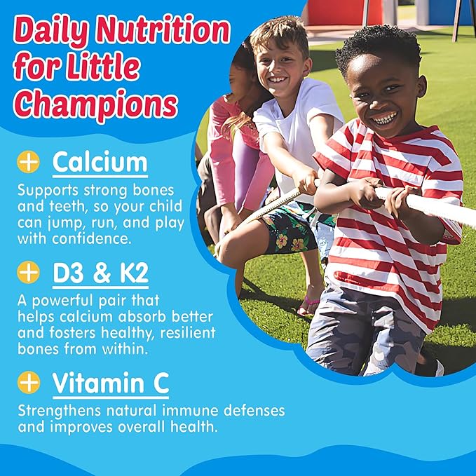 Kids Omega 3 Gummies + Calcium 400mg + Vitamin D3 K2 + C, Omega-3 DHA & EPA Supplement - No Fish Burps, No Sugar - Kids & Teens Omḛga 3 + Multivitamin Gummy for Strong Bones, Brain, Immune, Eye, 60Cts