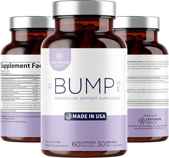 Centurion Health Bump MS, Complete Herbal Menopause Supplement for Women, 19 Powerful Ingredients with Dong Quai, Black Cohosh, Folinic Acid, Methylfolate, Wild Yam, Choline and DHA, 60 Caps