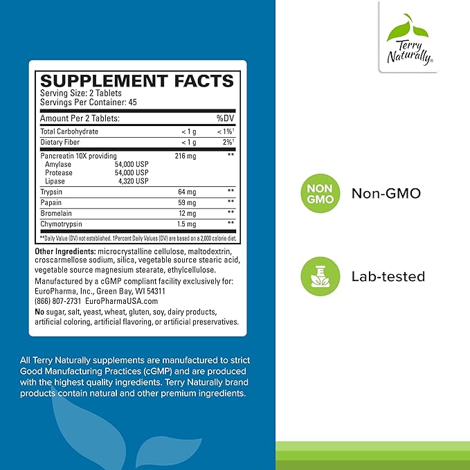 Terry Naturally Clinical Digestive Enzymes - Digestion Supplement for Nutrient Absorption - Includes Undiluted Pancreatic Enzymes - Gluten-Free, Dairy-Free & Non-Soy - 90 Tablets (45 Servings)