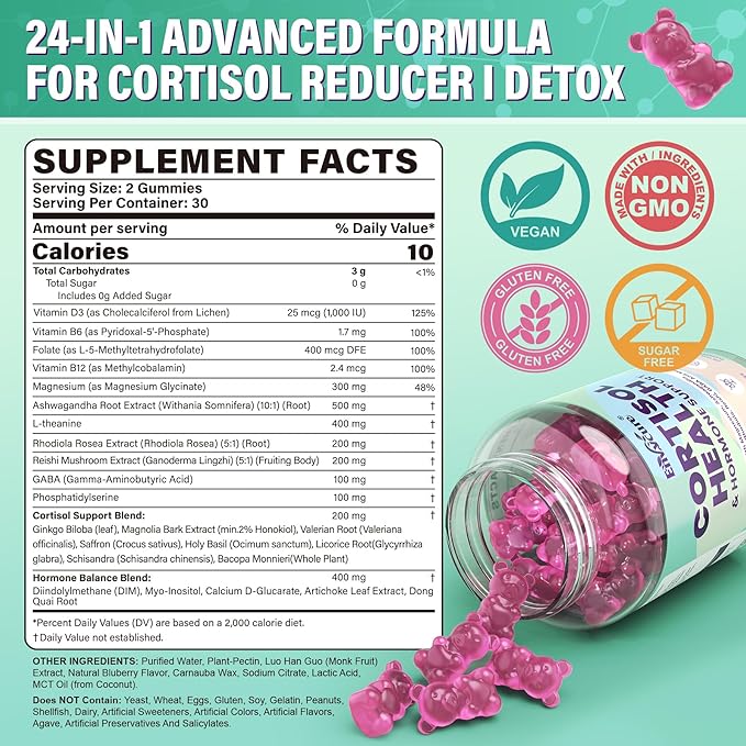 Cortisol Supplements for Women & Men, Cortisol Reducer Gummies w/ Magnesium, Ashwagandha, L-Theanine, Rhodiola, Reishi, 24 IN 1 Cortisol Detox Manager for Calm Mood, Focus & Relaxation,Vegan, 60 Cts