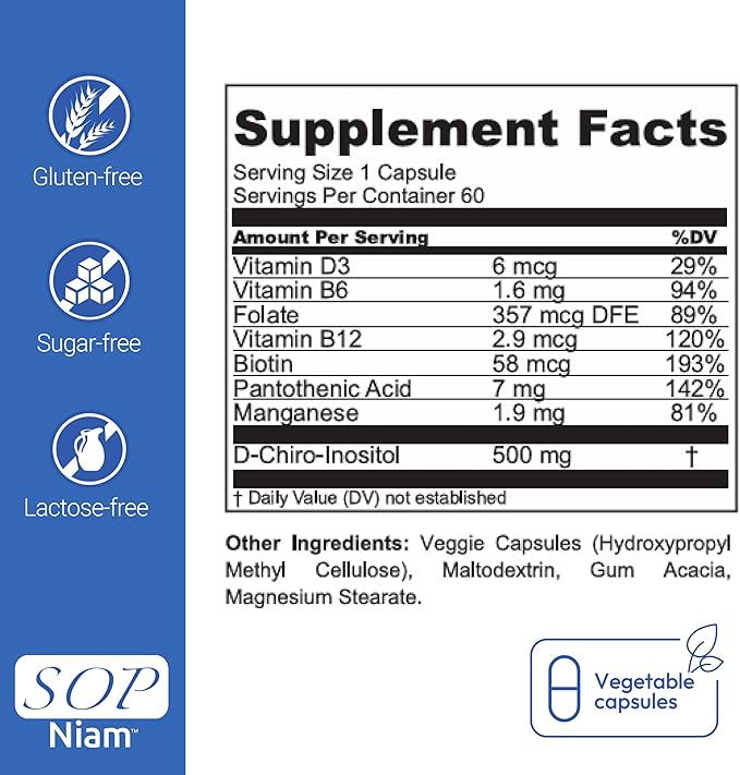 60 Day Supply | D-Chiro Inositol Supplement for PCOS - 500mg | Folic Acid, Vitamin B6, B12, D3 & Biotin | Polycystic Ovary Syndrome | Hormonal Balance & Fertility Support