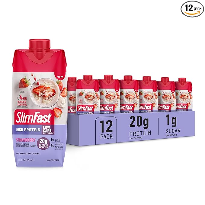 SlimFast Protein Shake, Strawberry- 20g Protein, Meal Replacement Shake Ready to Drink, High Protein with Low Carb and Low Sugar, 24 Vitamins and Minerals, 12 Count (Pack of 1) (Packaging May Vary)