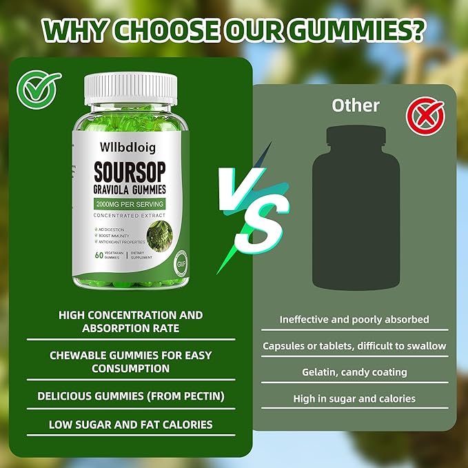 Soursop Graviola Gummies Soursop Leaves Extract- Natural Sour SOP Gummy w/Zinc & Vitamin C-Supports Immunity,Antioxidant,Liver & Digestive,Gluten Free,Vegan,60 Gummies