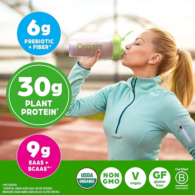 Orgain Organic 30g Vegan Protein Powder, Chocolate 9g EAAs + BCAAs, Plant Protein, 6g Prebiotic + Fiber, 1g Sugar, Pre-Workout, Muscle Support + Recovery - 2.01lb (Packaging May Vary)