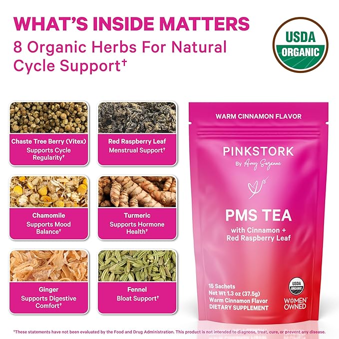Pink Stork Organic PMS Tea for Hormone Balance, Mood Swings, Bloating, and Period Regularity - 8 Herbs - Vitex, Red Raspberry Leaf, Chamomile - Caffeine-Free - 15 Sachets, Hot or Iced
