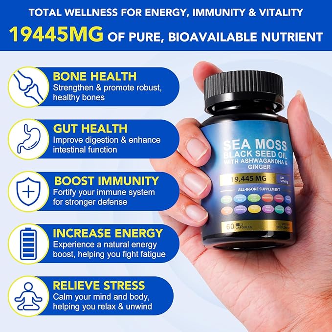 Sea Moss Black Seed Oil Ashwagandha Ginger Turmeric Capsules, Sea Moss Gummies Supplement with Burdock Root Bladderwrack Vitamin C Vitamin D3 Yellow Dock Iodine Chlorophyll ACV - 60 Count